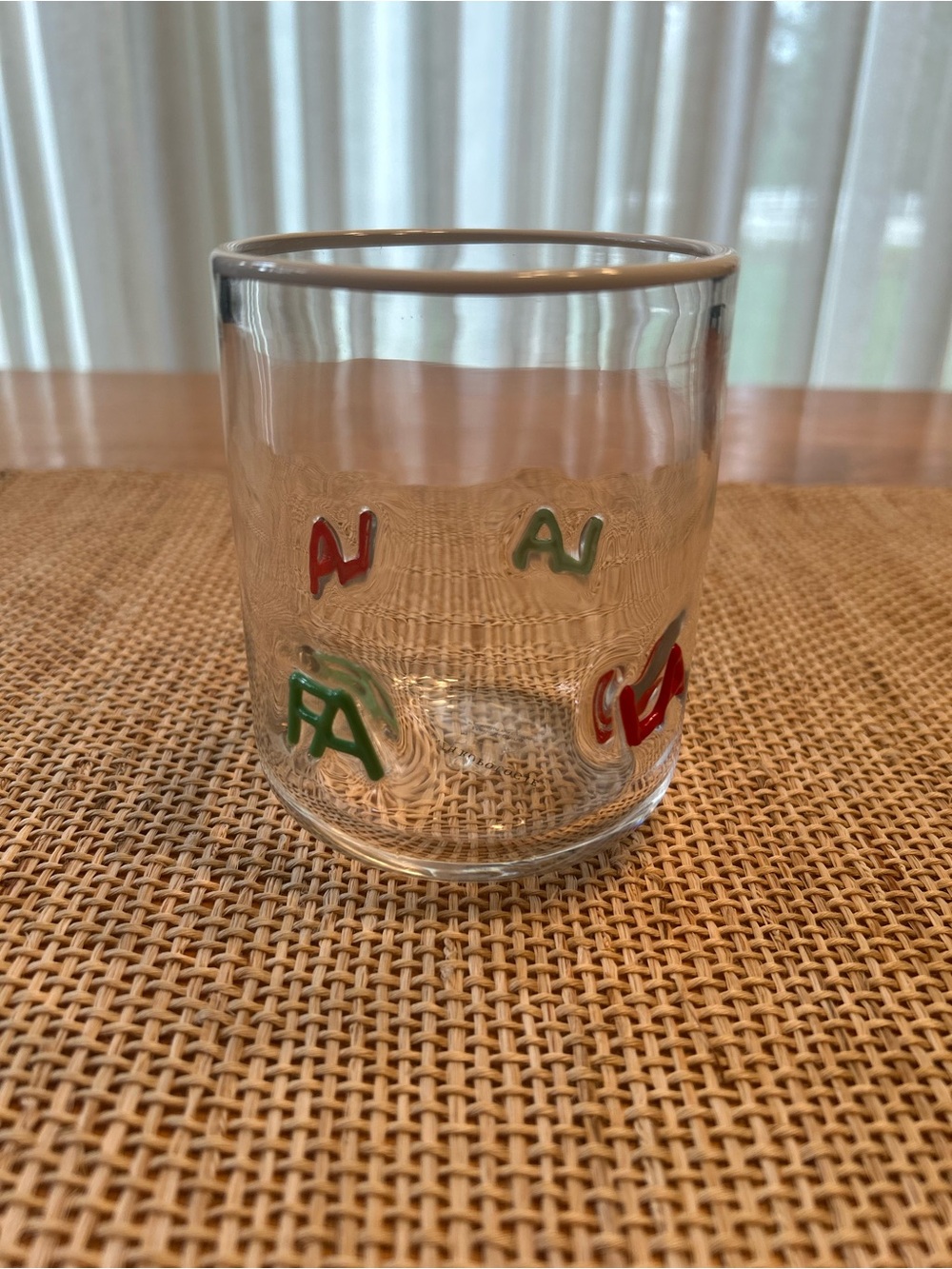 NWT Anthropologie Icon Green/Red FA LA LA LA Theme Juice Glass. 17 oz